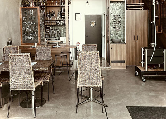 The Rare Orchid cellar door in Landsborough, timber bar and tasting tables