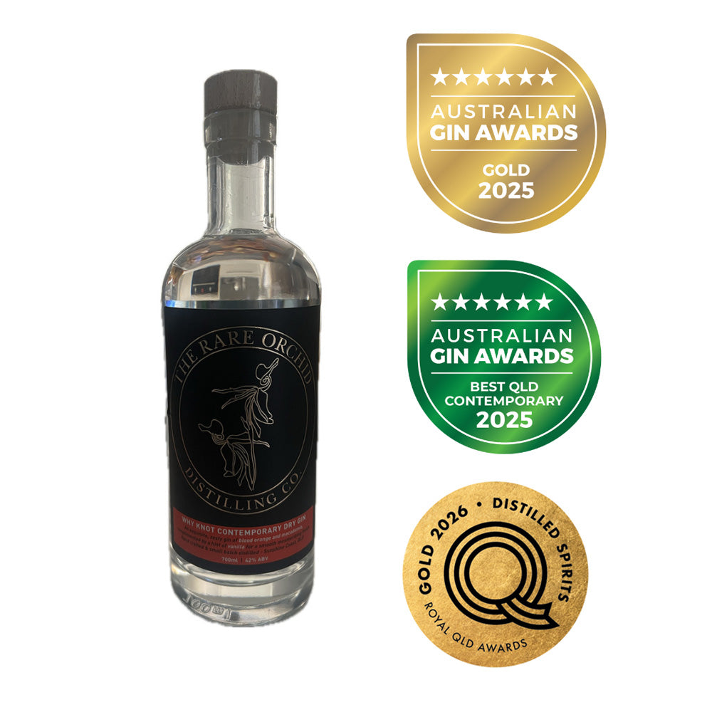 WHY KNOT Contemporary Dry Gin bottle with gold medal awards
